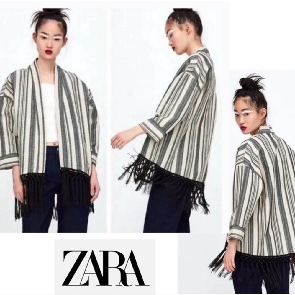 ZARA Ecru Fringe Striped Kimono
Jacket